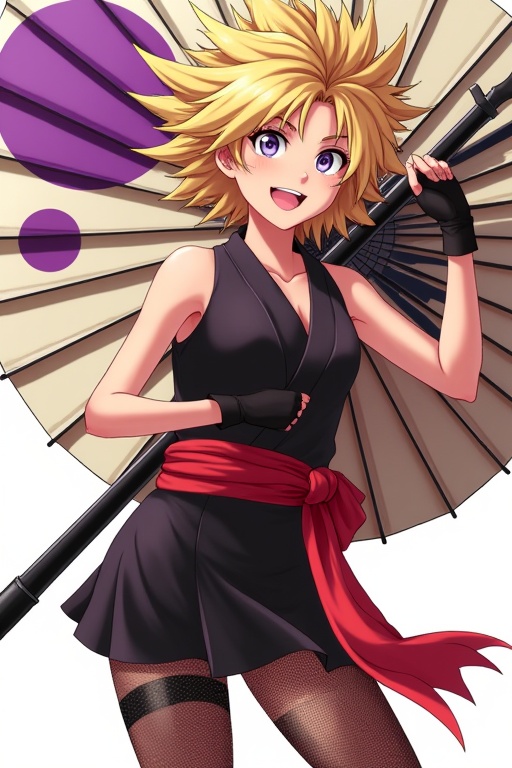 full-length photorealistic japan female,  TEMARI,  dressed in a stylish Japan-inspired costume. She has spiky blonde hair...