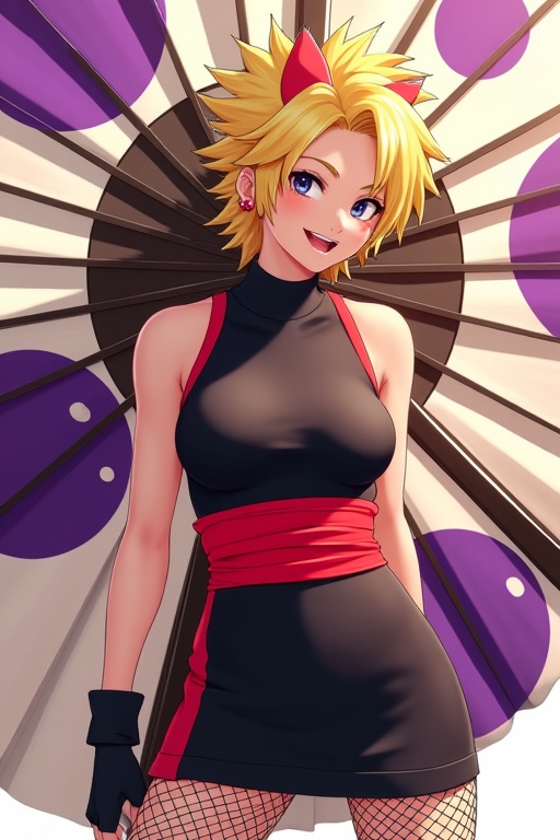 photorealistic japan female,  TEMARI,  dressed in a stylish Japan-inspired costume. She has spiky blonde hair styled in an...