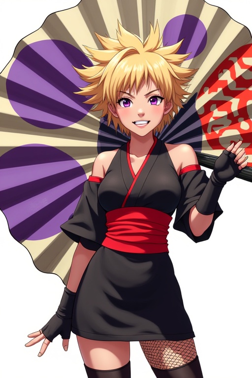 Create a full-length photorealistic japan female,  TEMARI,  dressed in a stylish Japan-inspired costume. She has spiky blo...