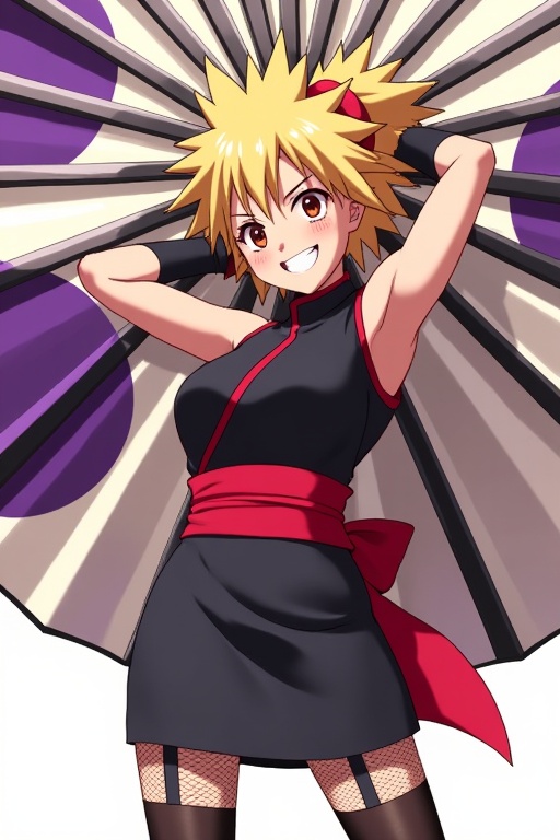 Create a full-length photorealistic image of a female,  TEMARI,  anime character dressed in a stylish Japan-inspired costu...