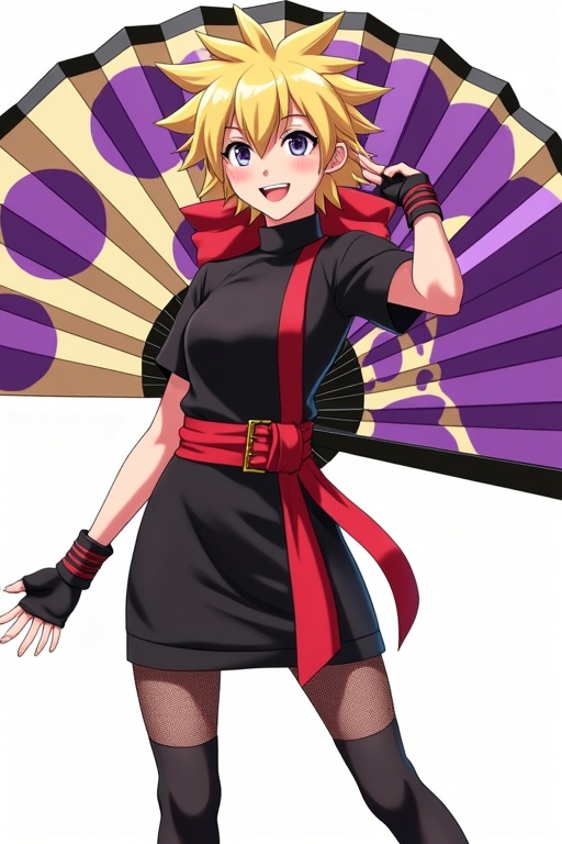 full-length photorealistic japan female,  TEMARI,  dressed in a stylish Japan-inspired costume. She has spiky blonde hair...