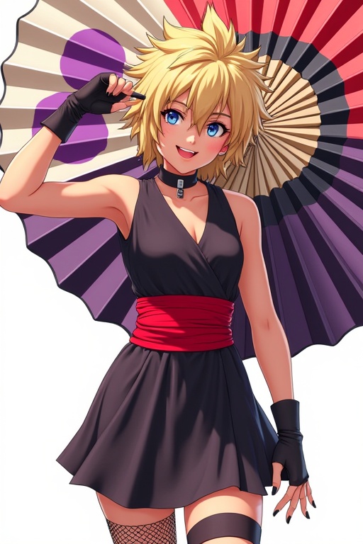 Create a full-length photorealistic japan female,  TEMARI,  dressed in a stylish Japan-inspired costume. She has spiky blo...