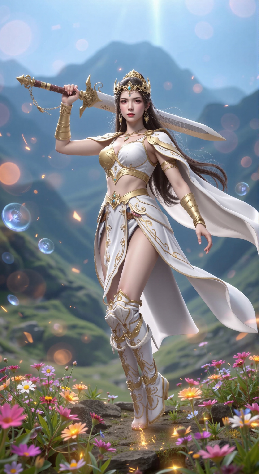 Soft focus on a warrior woman grasping a giant sword weapon,  its golden hilt glinting amidst white armor adorned with int...