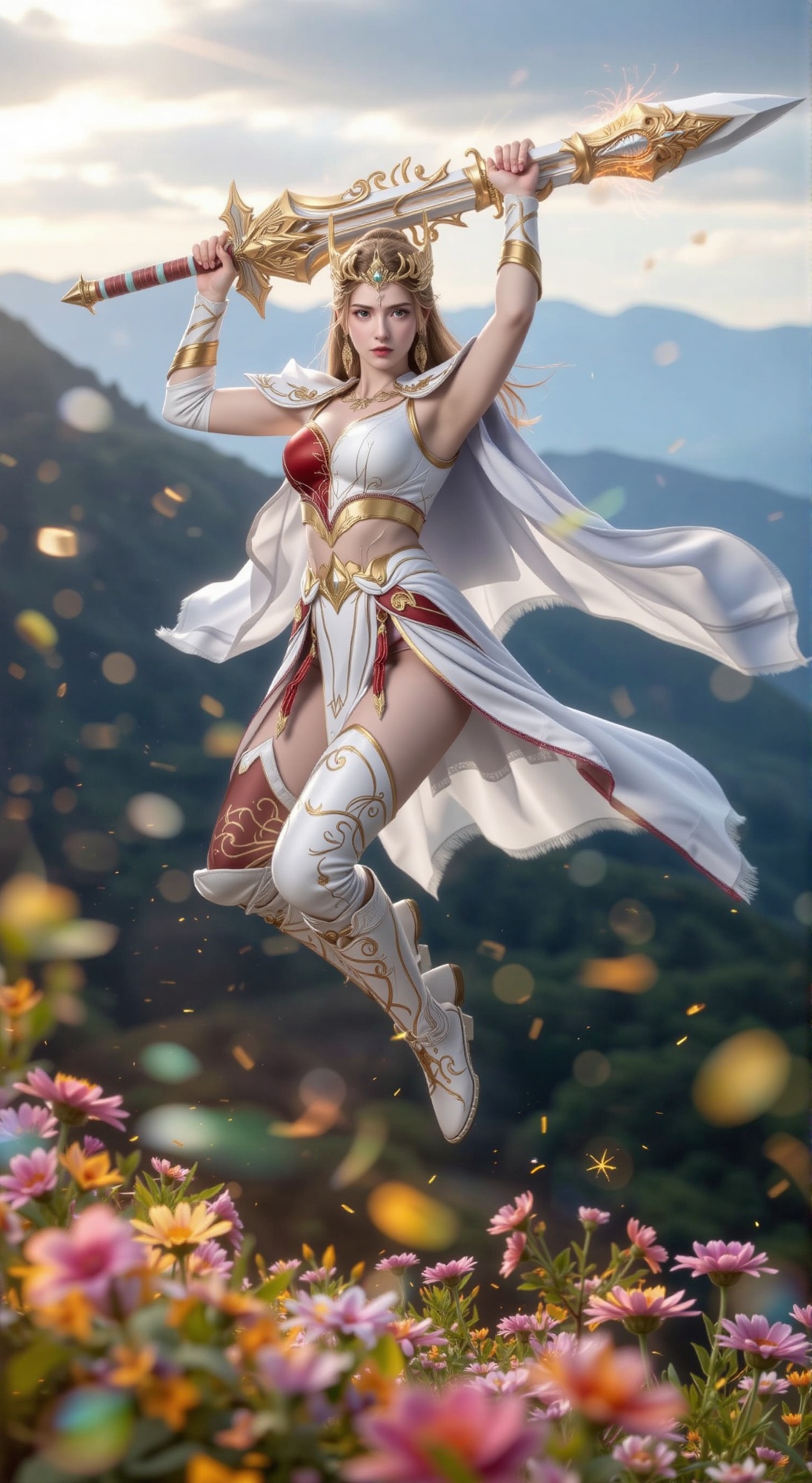 Soft focus on a warrior woman suspended in mid-air,  grasping a giant sword weapon adorned with intricate golden patterns....