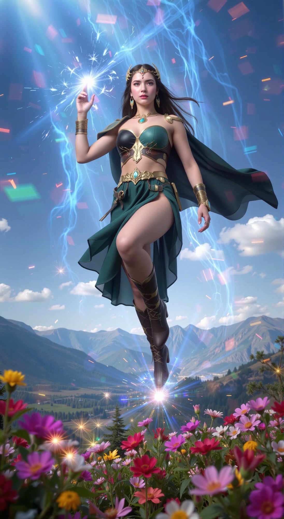 Suspended amidst a kaleidoscope of colors,  a powerful warrior woman floats serenely,  her flowing green-black dress casca...