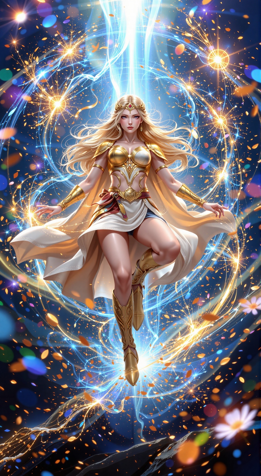 Warrior women poised mid-air,  shoulder pad glinting golden,  long boots adorned with similar pattern. Flowing cape and ha...