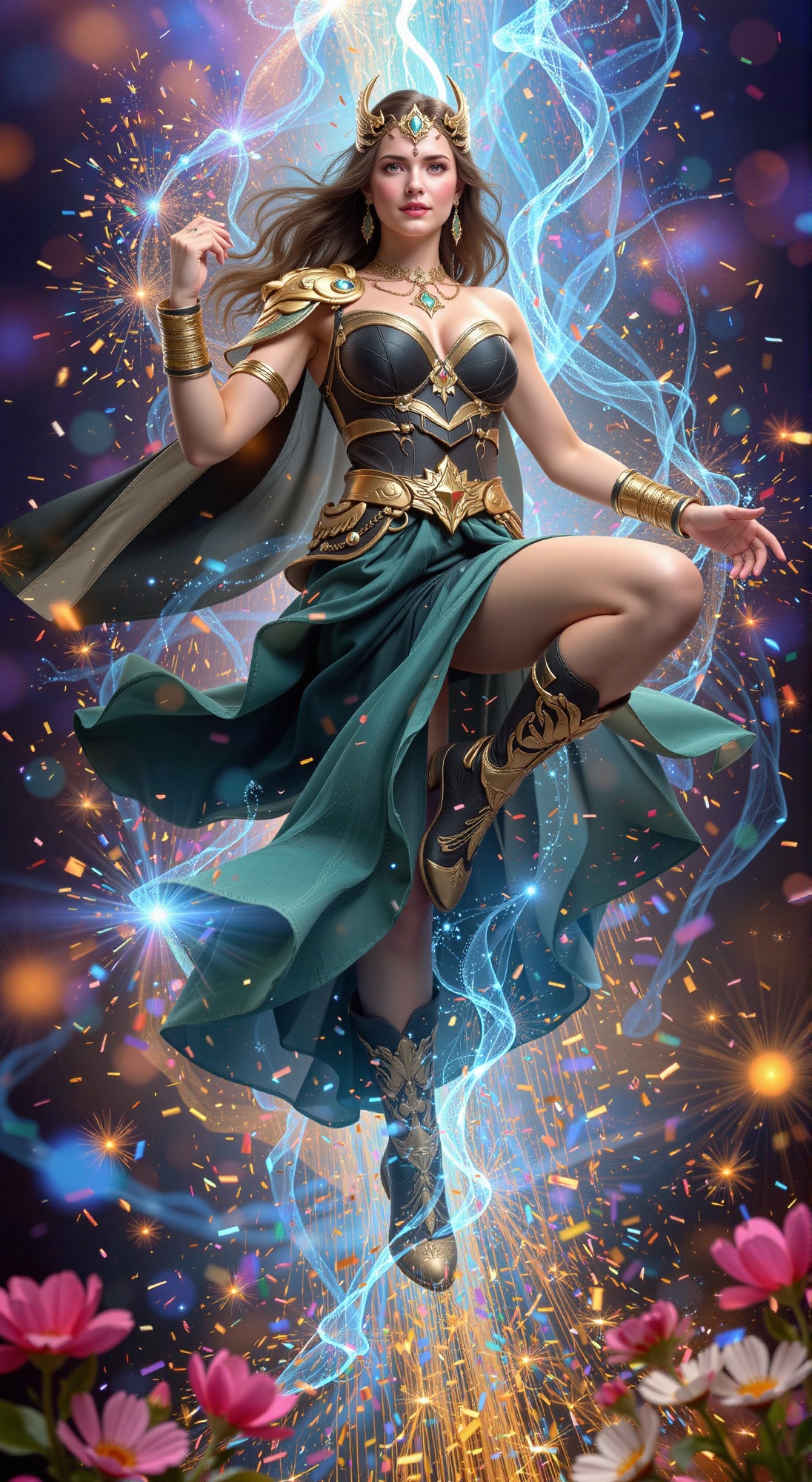 Suspended amidst a kaleidoscope of colors,  a powerful warrior woman floats serenely,  her flowing green-black dress casca...