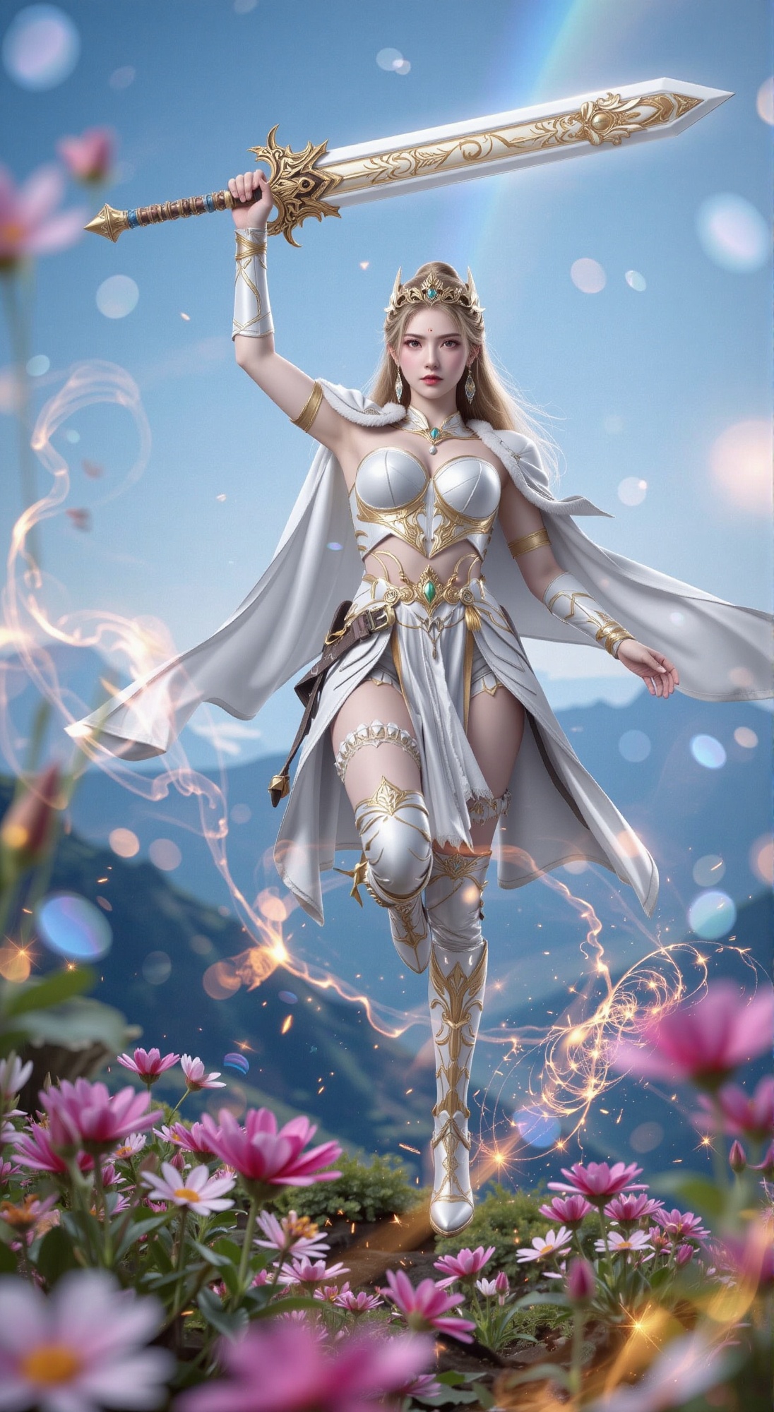 Soft focus on a warrior woman suspended in mid-air,  grasping a giant sword weapon adorned with intricate golden patterns....