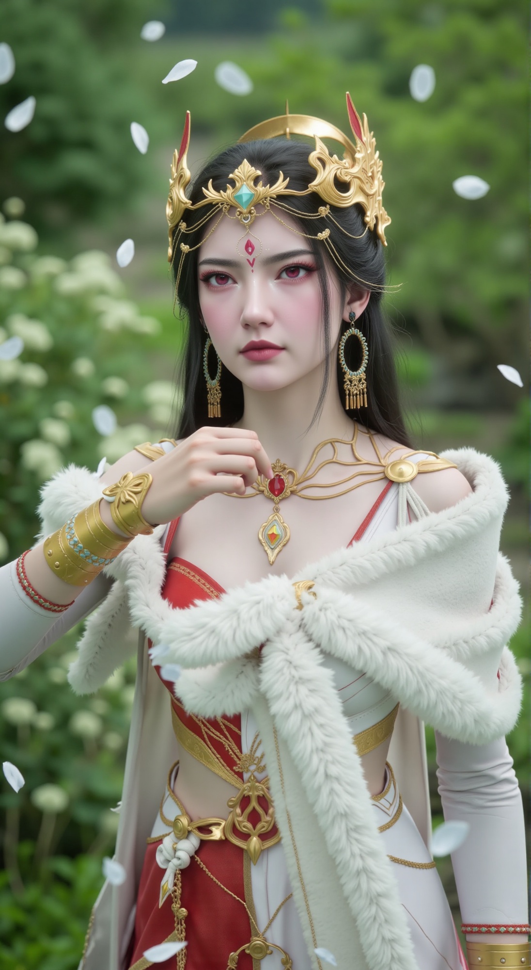 A young warrior maiden,  dressed in armor adorned with intricate details and a diamond-studded headdress,  wraps herself i...