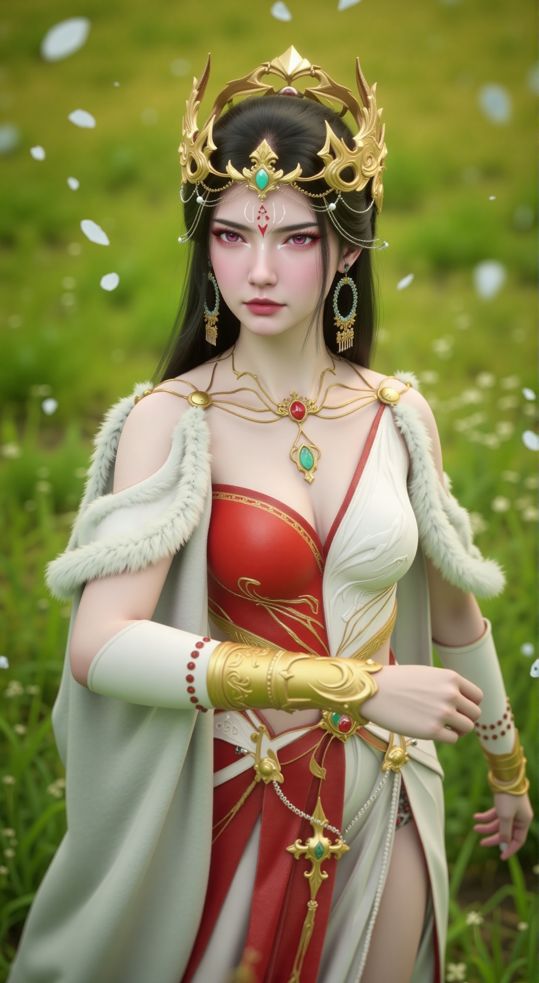A majestic young warrior maiden poses amidst a verdant meadow,  her armor and headdress glinting in the soft,  golden ligh...