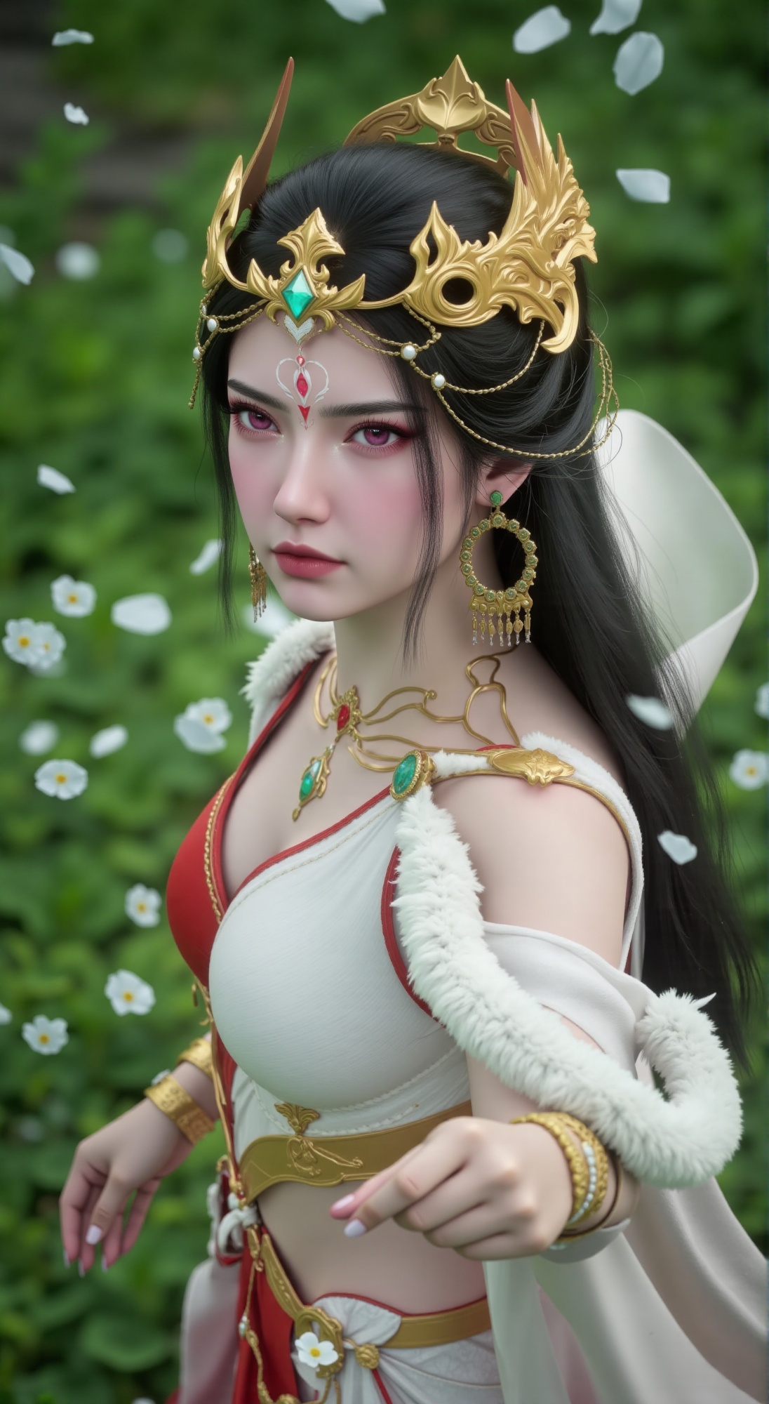 A young warrior maiden,  adorned in intricate details armor and a diamond-studded headdress,  wraps herself in a flowing w...