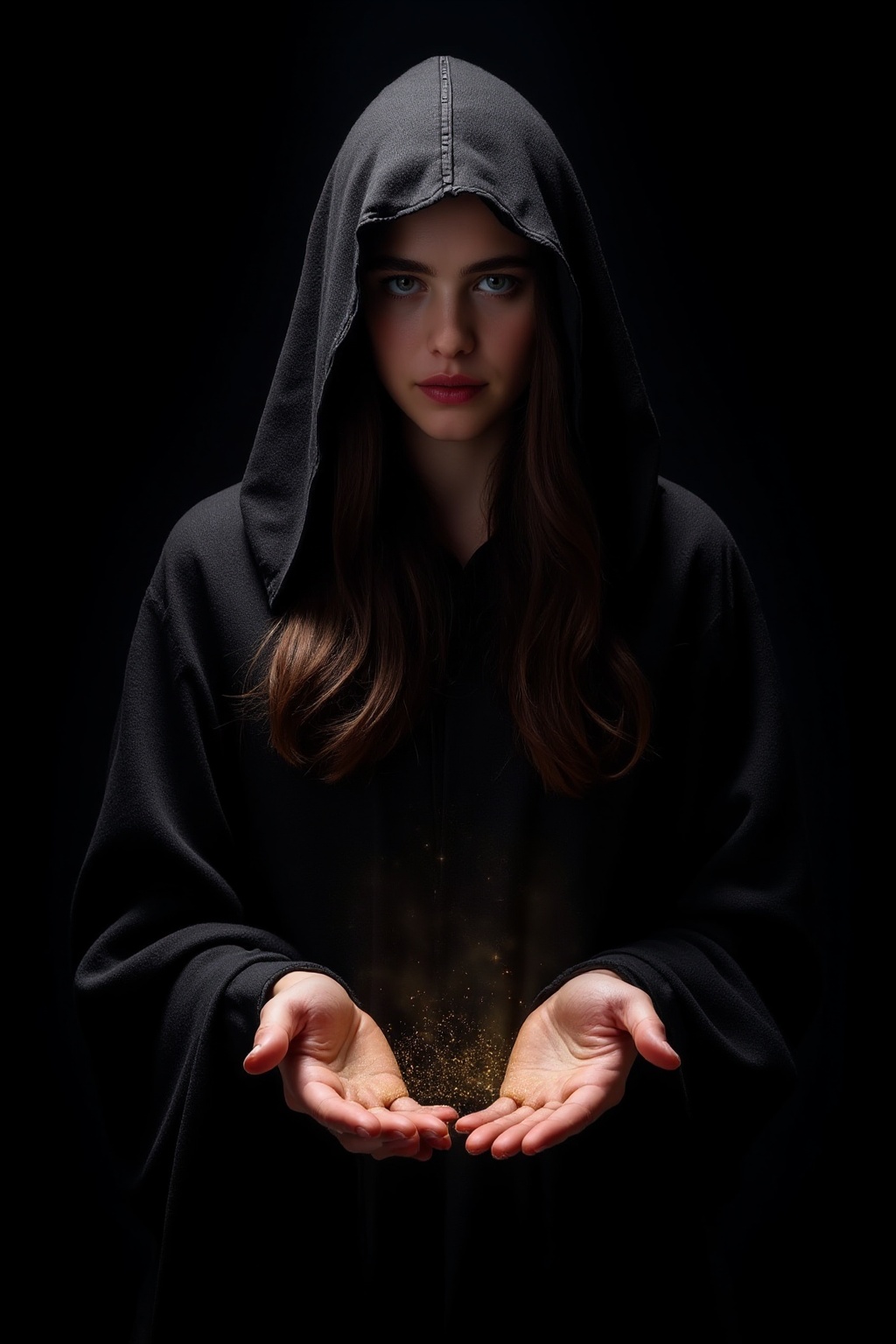 Dramatic portrait of a mysterious brunette woman in a dark hooded cloak,  standing against a completely black background....