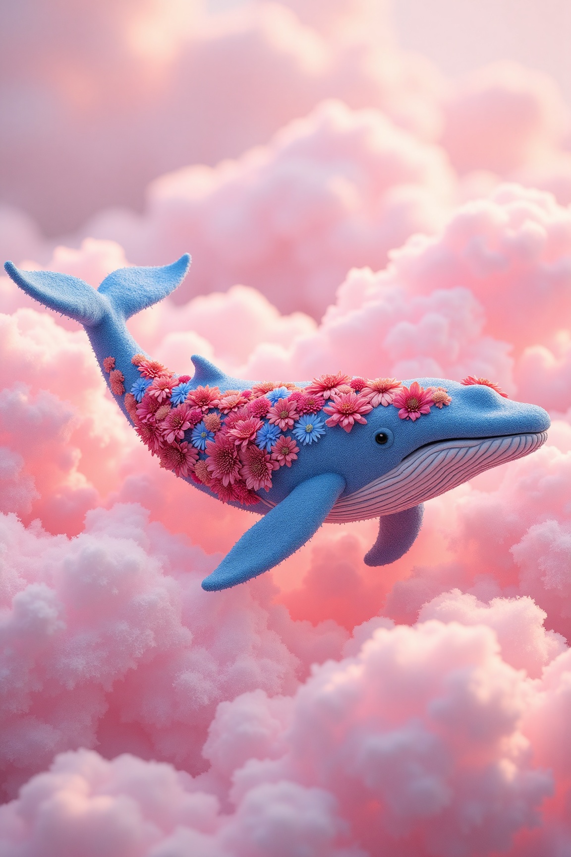 Ultra-realistic photo of a whale with skin made of red and blue flowers,  floating in pink clouds. Minimum details,  simpl...