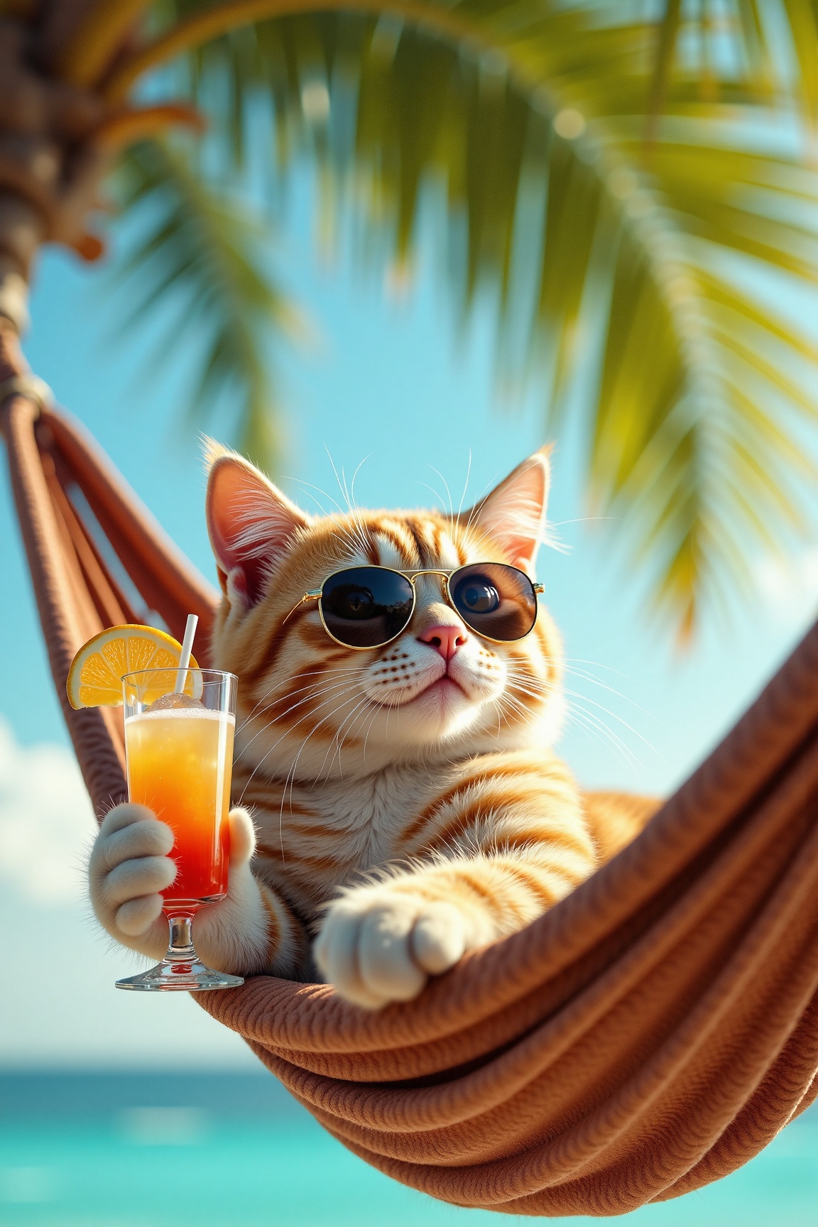 Cat in a hammock,  sunglasses on,  tiny cocktail in paw on Tensor.Art