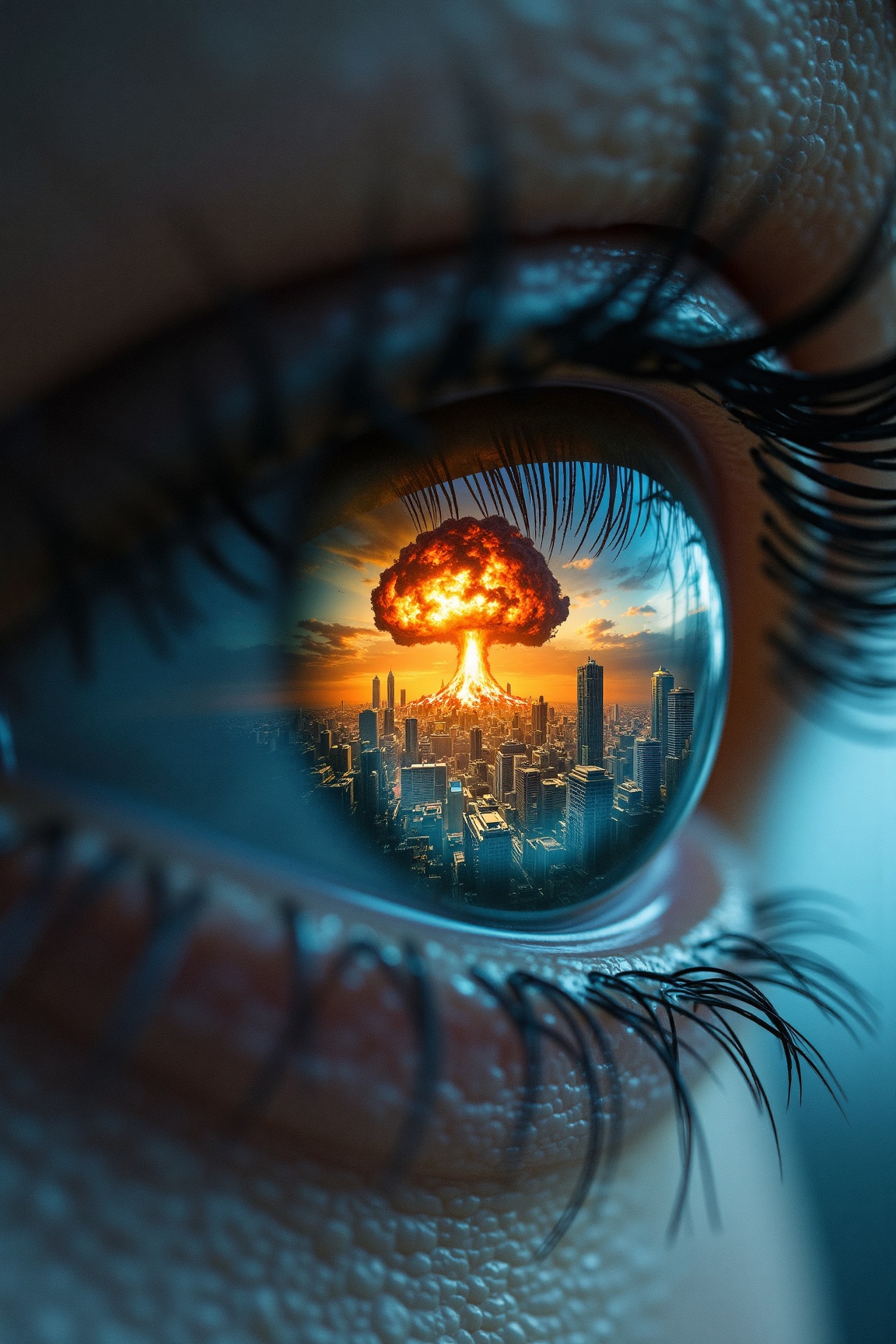 very detailed photograph,  the viewer is looking into a female eye. In the eye's reflection,  depict a futuristic city tha...