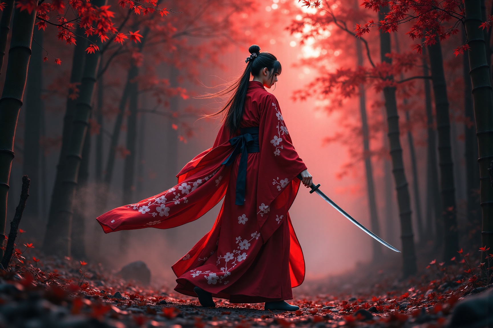 As morning dawns over a mystical bamboo forest shrouded in ethereal mist,  a lone female ninja stands poised at its heart....