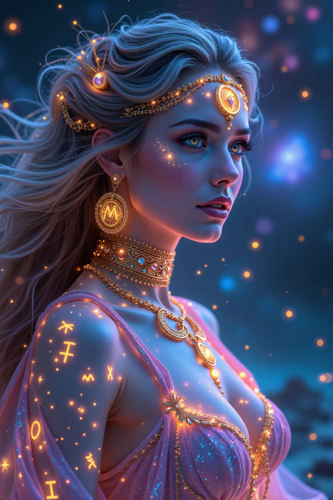 Gorgeous Galactic,  A hyper-realistic portrait of a galactic female with glowing skin that shimmers with the colors of the...