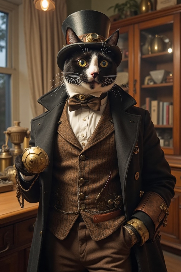 (best quality),  in einer Steampunk Welt steht die Katze mit dem Namen Poupougekleidet in einem Anzug inspiriert von der s...