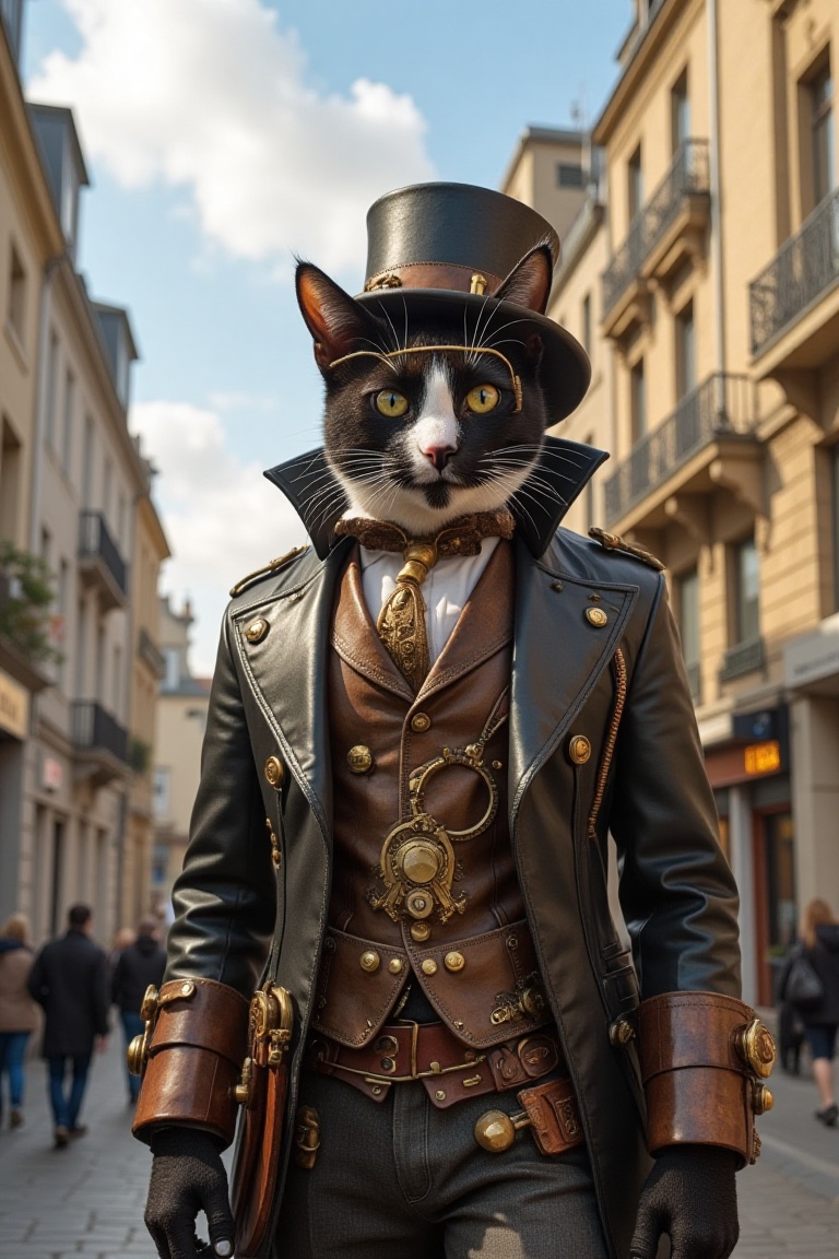 (best quality),  (30mm Objektiv) in einer in einer aufregenden Steampunk Welt,  unter blauen Himmel auf einer Straße steht...