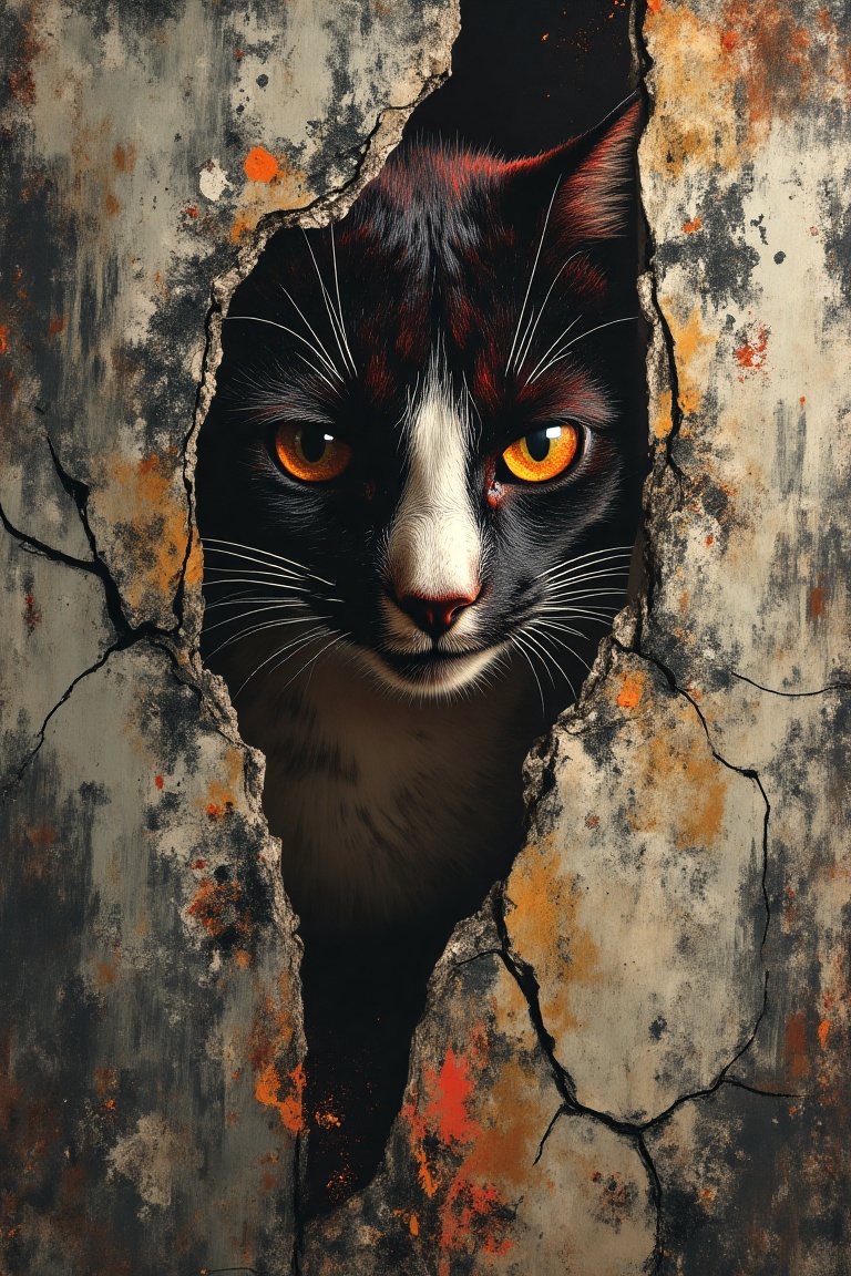 "A haunting portrait of a cat,  partially obscured by cracks and peeling paint textures,  blending into a distressed on Te...