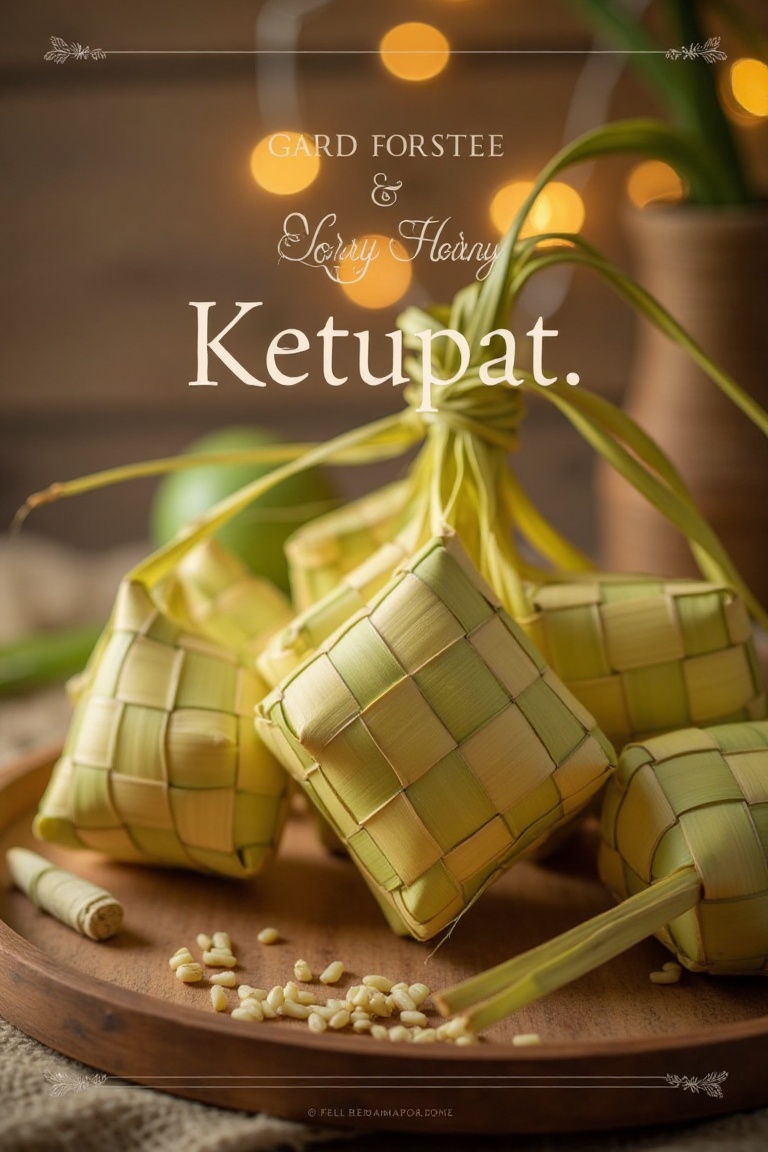 A charming postcard featuring a ketupat as the main focus,  placed on a rustic wooden surface. The ketupat is surrounded b...