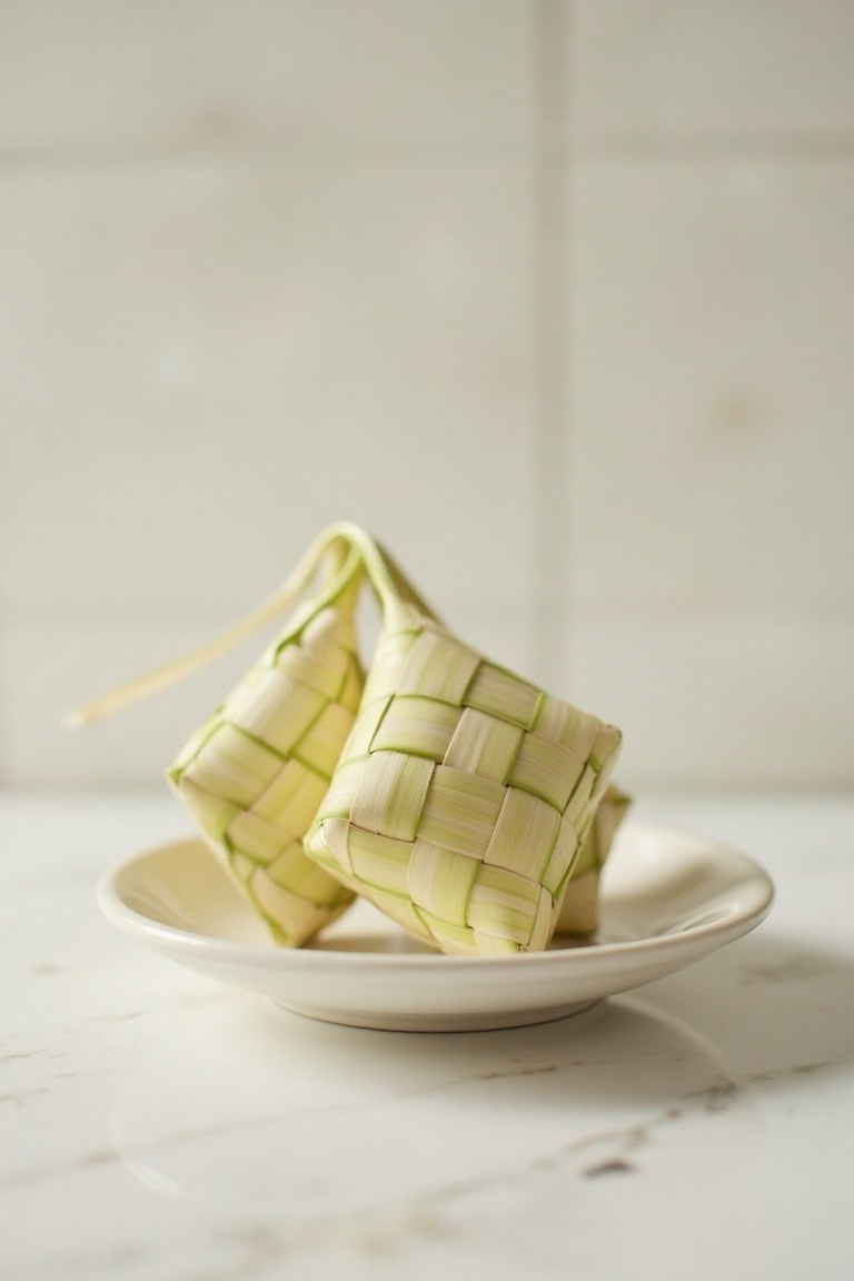 A hyper-realistic depiction of a ketupat placed on a pristine ceramic plate,  showcasing every intricate detail of its wov...