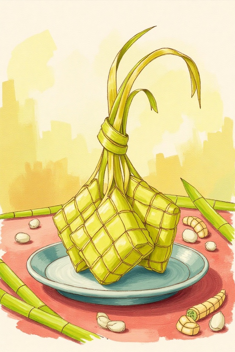 An illustration of a ketupat created in the style of Laivi Poder,  using vibrant gouache paints. The ketupat is intricatel...