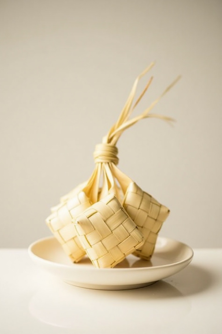 Ketupat neatly placed on a simple ceramic plate,  set against a clean,  minimalist background. Soft on Tensor.Art