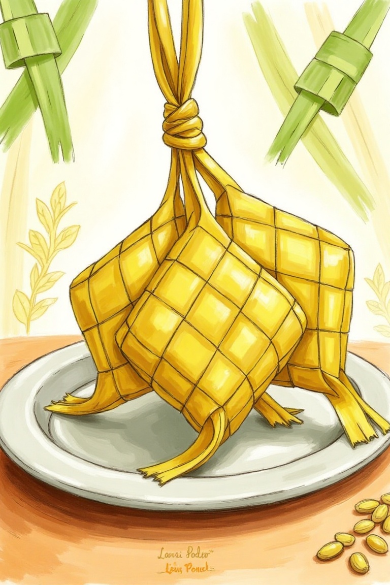 An illustration of a ketupat created in the style of Laivi Poder,  using vibrant gouache paints. The ketupat is intricatel...