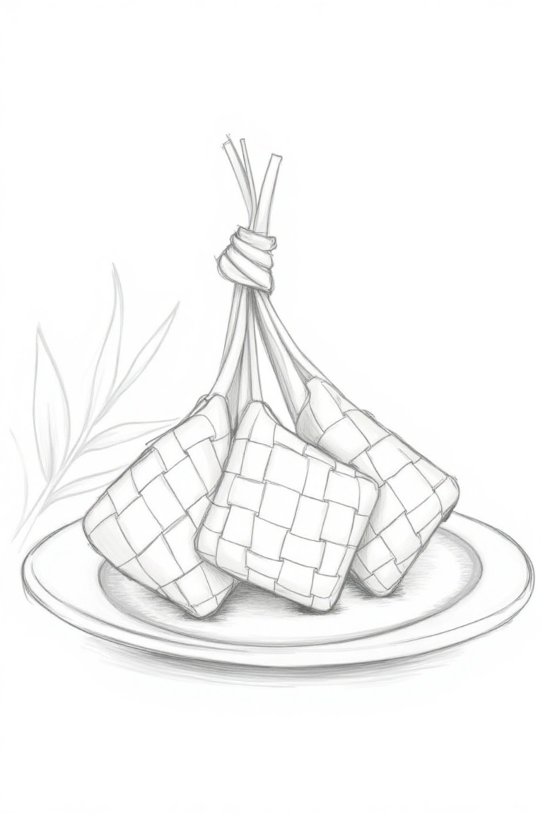A sketch-style illustration of a ketupat,  drawn with fine,  precise lines and subtle shading to emphasize its intricate w...