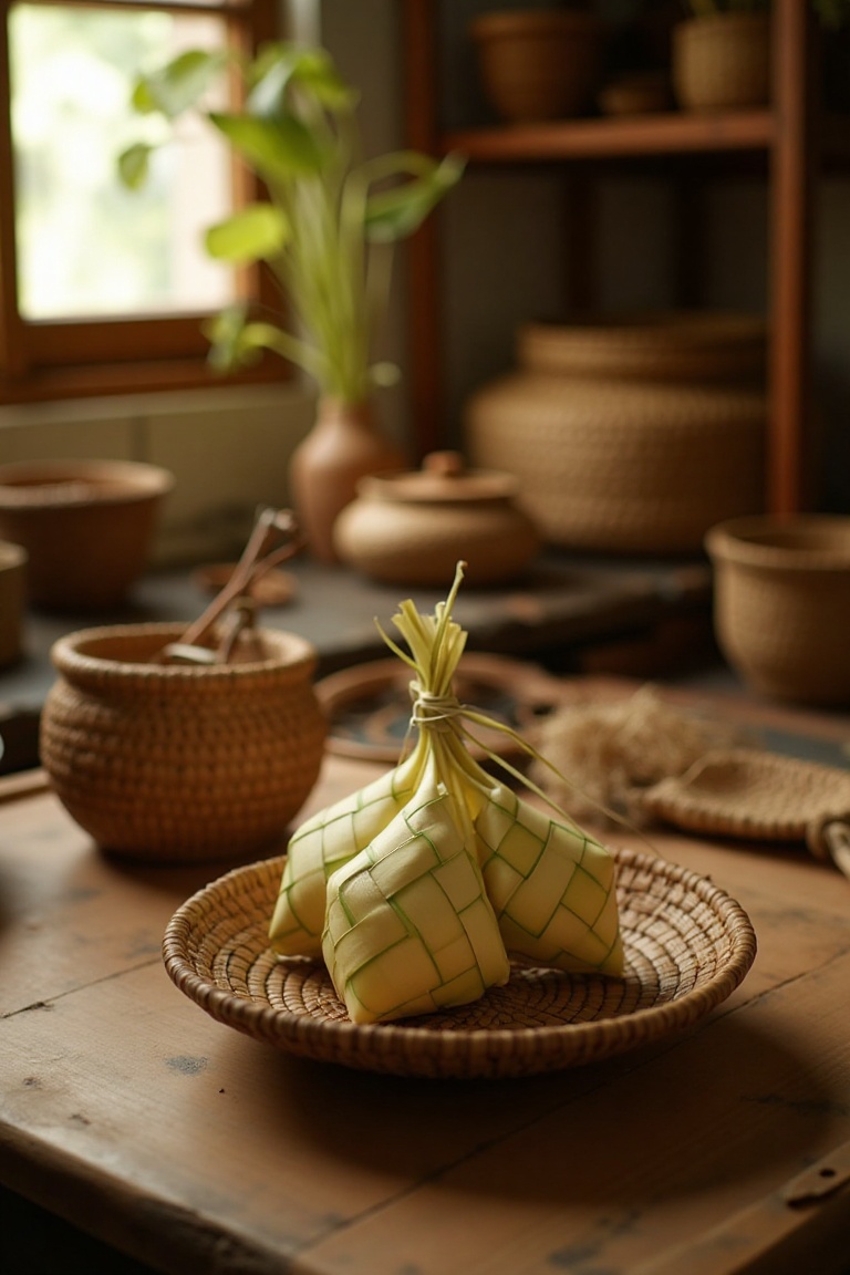 A ketupat placed on a wooden table in a traditional rumah kampung kitchen,  surrounded by rustic kitchenware and natural t...
