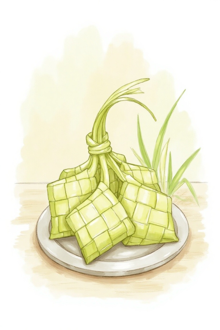 An illustration of a ketupat rendered in soft watercolor,  showcasing its intricate woven pattern with delicate brushstrok...