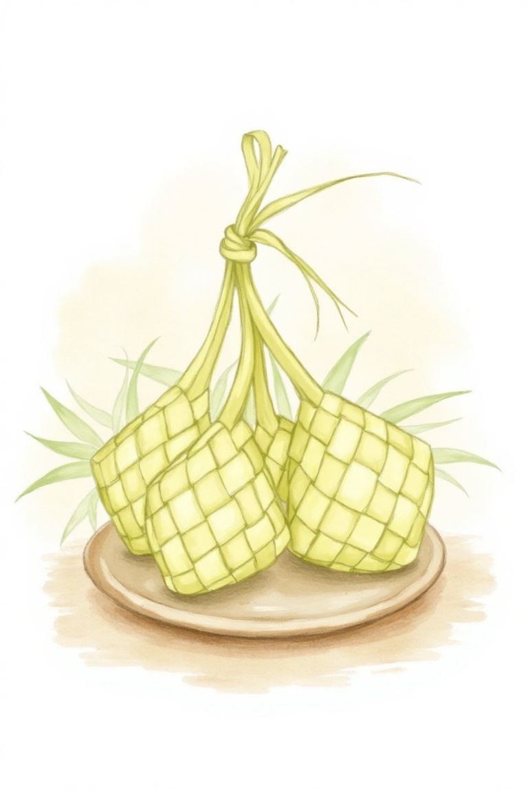 An illustration of a ketupat rendered in soft watercolor,  showcasing its intricate woven pattern with delicate brushstrok...