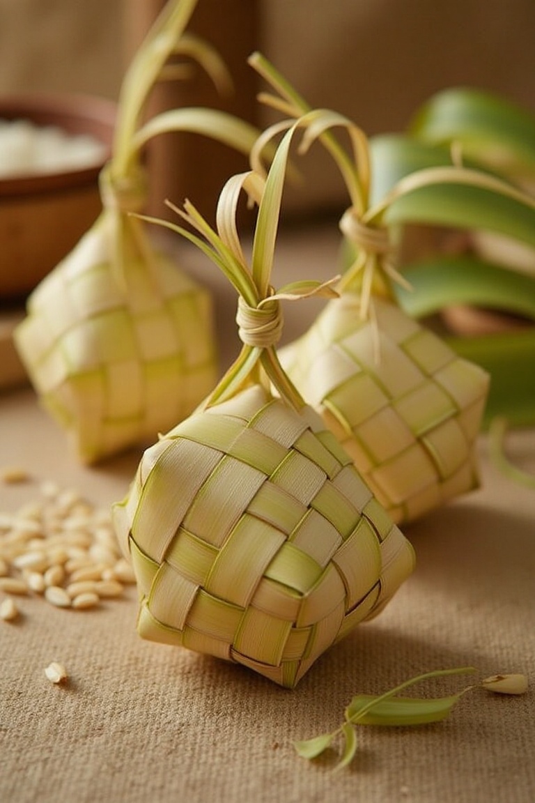 A creatively arranged ketupat photoshoot,  featuring a beautifully woven ketupat as the centerpiece,  placed on a textured...