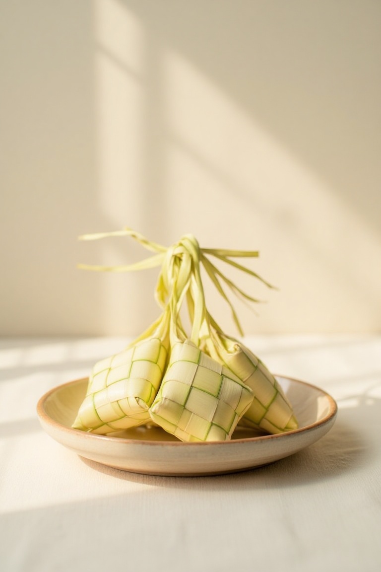 Ketupat neatly placed on a simple ceramic plate,  set against a clean,  minimalist background. Soft on Tensor.Art