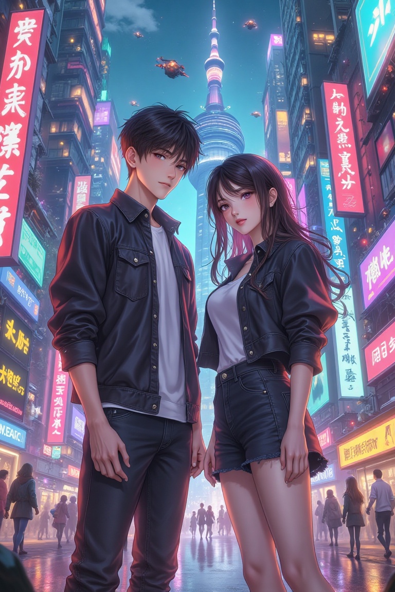 Anime-inspired couple,  dressed in futuristic casual wear,  standing side by side in a vibrant cybernetic cityscape. The s...