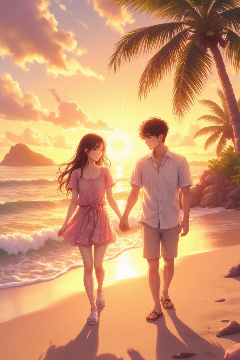 Anime-inspired couple,  dressed in casual summer attire,  walking hand in hand along a sunset beach. The scene is framed w...