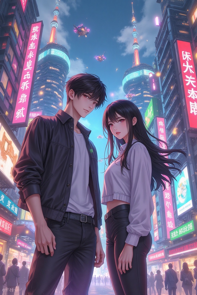 Anime-inspired couple,  dressed in futuristic casual wear,  standing side by side in a vibrant cybernetic cityscape. The s...