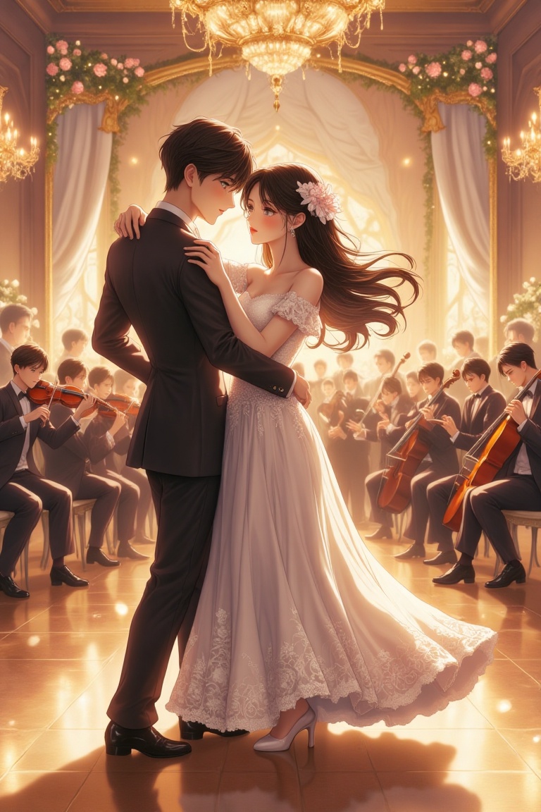 Anime-inspired couple,  elegantly dressed in formal prom attire,  gracefully ballroom dancing in a grand ballroom. The sce...