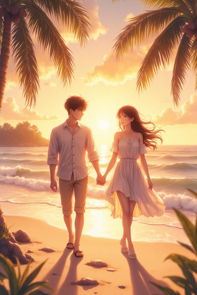 Anime-inspired couple,  dressed in casual summer attire,  walking hand in hand along a sunset beach. The scene is framed w...