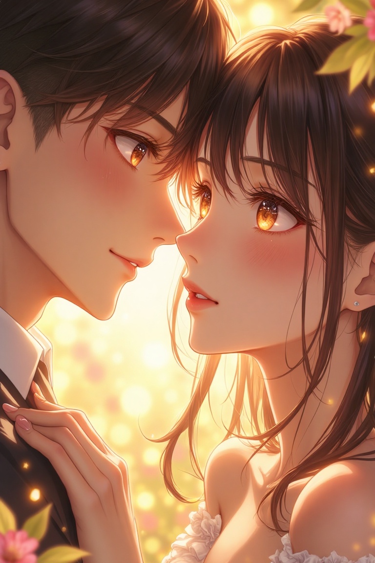 Anime-inspired couple,  close-up of their faces,  glowing with radiant on Tensor.Art