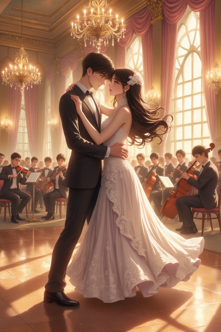 Anime-inspired couple,  elegantly dressed in formal prom attire,  gracefully ballroom dancing in a grand ballroom. The sce...