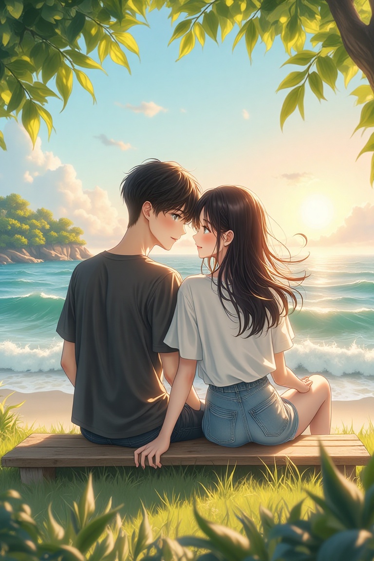 Anime-inspired couple,  wearing casual outfits,  sitting together on a wooden bench on Tensor.Art
