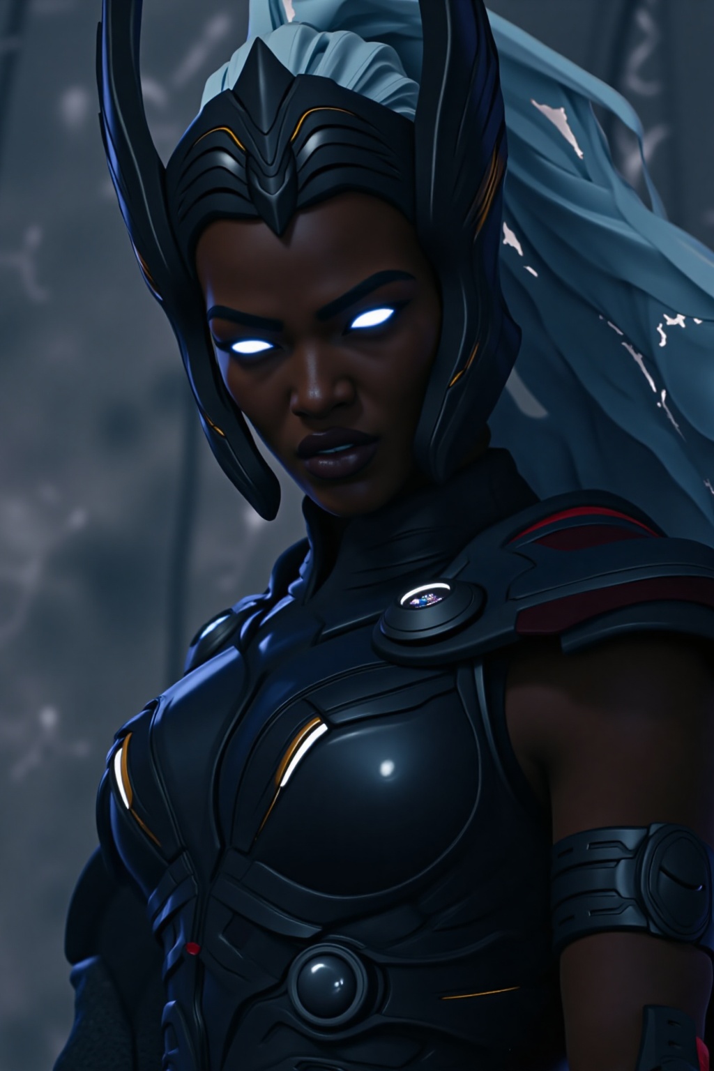 A breathtaking cinematic action shot of a powerful Thunder Goddess,  reminiscent of a female Thor. She is depicted in a dy...