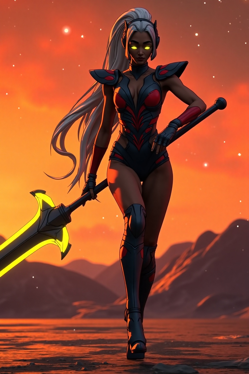 A cinematic and photorealistic portrayal of a powerful Thunder Goddess dressed in a striking black,  red,  and white costu...