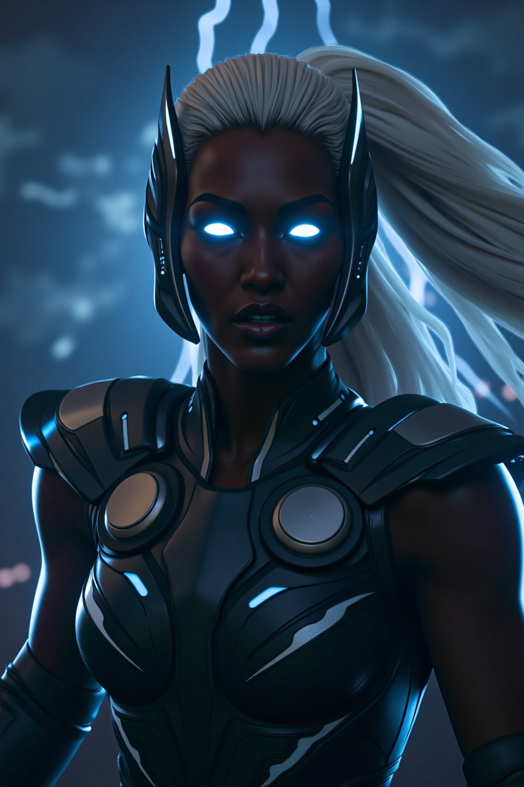 A breathtaking cinematic action shot of a powerful Thunder Goddess,  reminiscent of a female Thor. She is depicted in a dy...