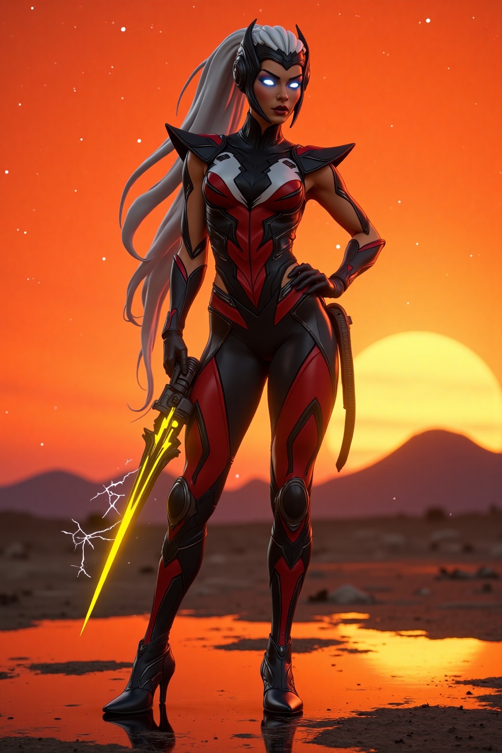 A cinematic and photorealistic portrayal of a powerful Thunder Goddess dressed in a striking black,  red,  and white costu...