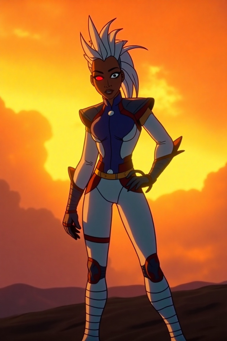 a cartoon character stands in a stark white suit,  adorned with a blue and red outfit. The character's head is adorned wit...