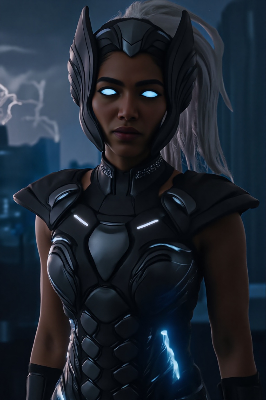 A breathtaking cinematic action shot of a powerful Thunder Goddess,  reminiscent of a female Thor. She is depicted in a dy...