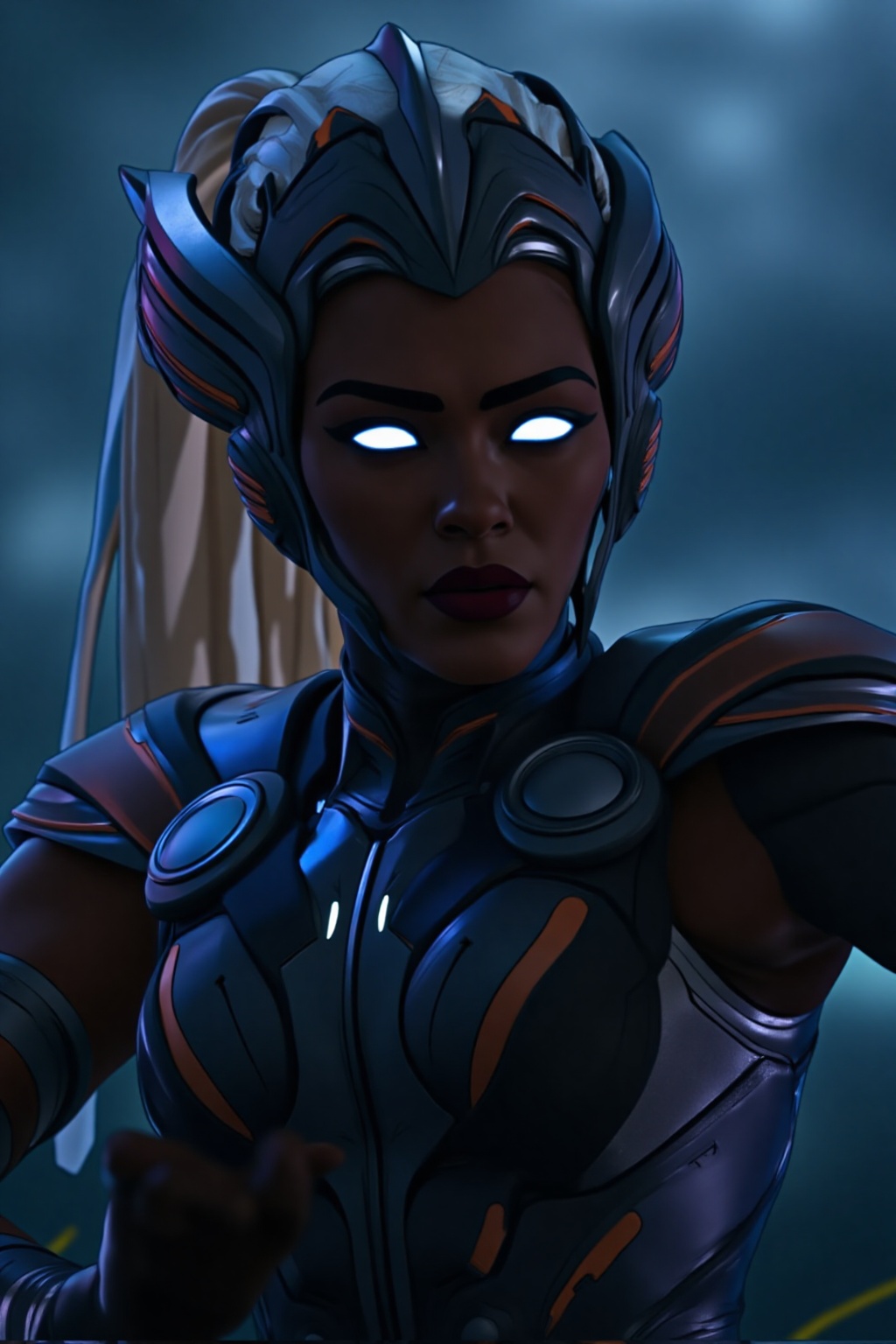 A breathtaking cinematic action shot of a powerful Thunder Goddess,  reminiscent of a female Thor. She is depicted in a dy...